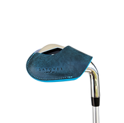 Studio shot of leather magnetic golf iron covers in emerald green neatly arranged to showcase their smooth texture, precise stitching, and minimalist design under soft lighting.