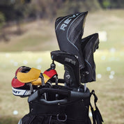 A short video demonstrating how to remove a leather golf iron cover, with a golf driving range in the background. The video highlights the ease of use, durable stitching, and sleek design of the cover in a real-world golfing setting.